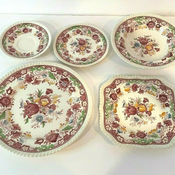 Vintage 1950s Johnson Brothers Winchester Pink Rope Edge 5 Unique Piece Dish Set
